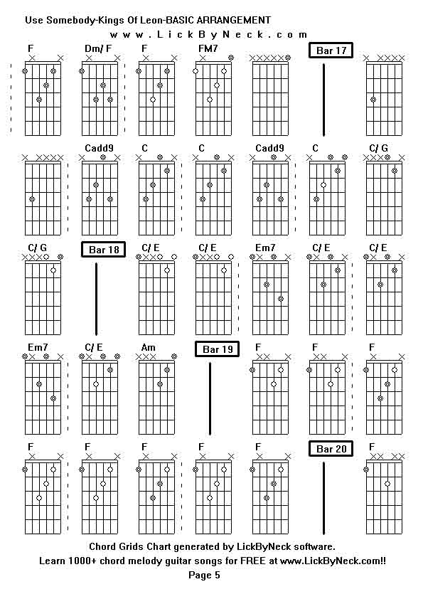 Chord Grids Chart of chord melody fingerstyle guitar song-Use Somebody-Kings Of Leon-BASIC ARRANGEMENT,generated by LickByNeck software.